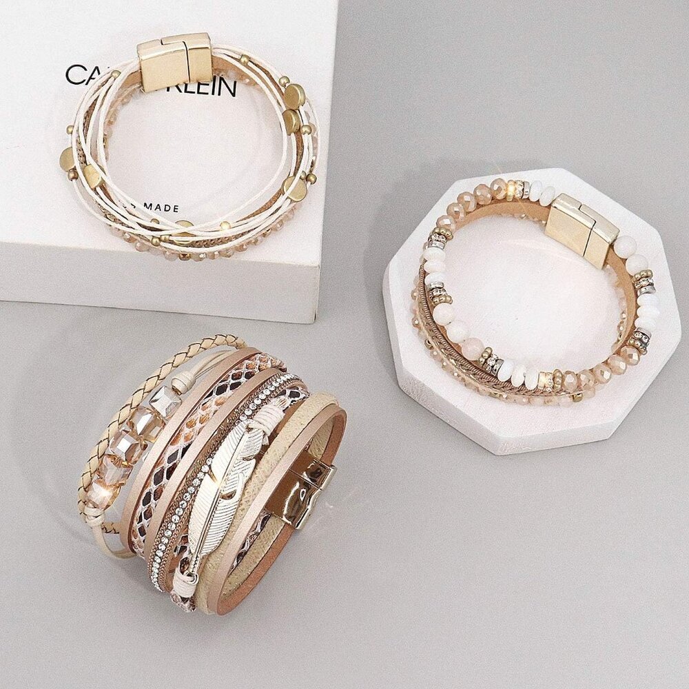 Leather Wrap Bracelet Set 3Pack Multilayer Magnetic Clasp Women's Cuff Jewelry - Picture 5 of 7